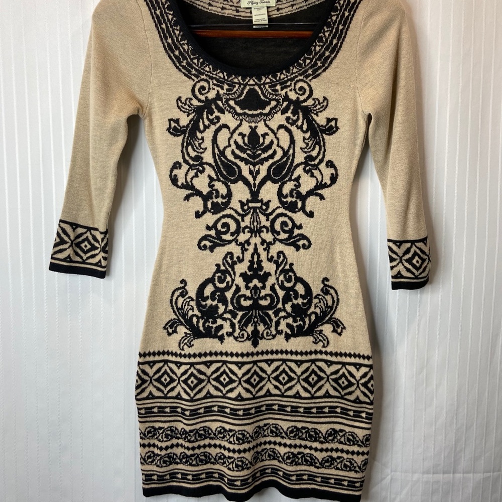 Flying Tomato Knit Sweater Dress Beige Black Small